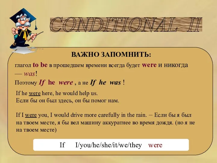 CONDITIONAL II ВАЖНО ЗАПОМНИТЬ: глагол to be в прошедшем времени