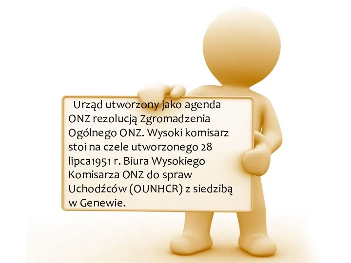 Urząd utworzony jako agenda ONZ rezolucją Zgromadzenia Ogólnego ONZ. Wysoki