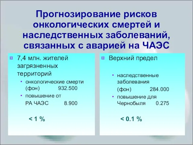 Прогнозирование рисков онкологических смертей и наследственных заболеваний, связанных с аварией