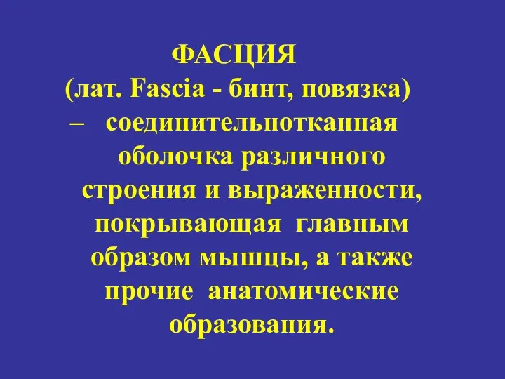 ФАСЦИЯ (лат. Fascia - бинт, повязка) – соединительнотканная оболочка различного