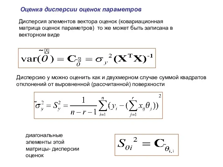 Дисперсия элементов вектора оценок (ковариационная матрица оценок параметров) то же