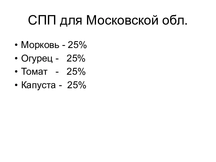 СПП для Московской обл. Морковь - 25% Огурец - 25% Томат - 25% Капуста - 25%