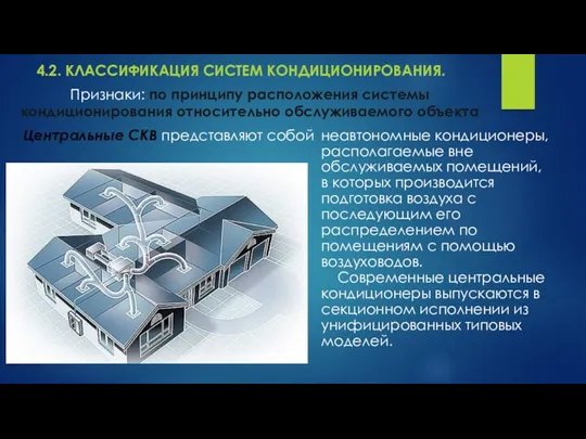 4.2. КЛАССИФИКАЦИЯ СИСТЕМ КОНДИЦИОНИРОВАНИЯ. Центральные СКВ представляют собой Признаки: по принципу расположения системы