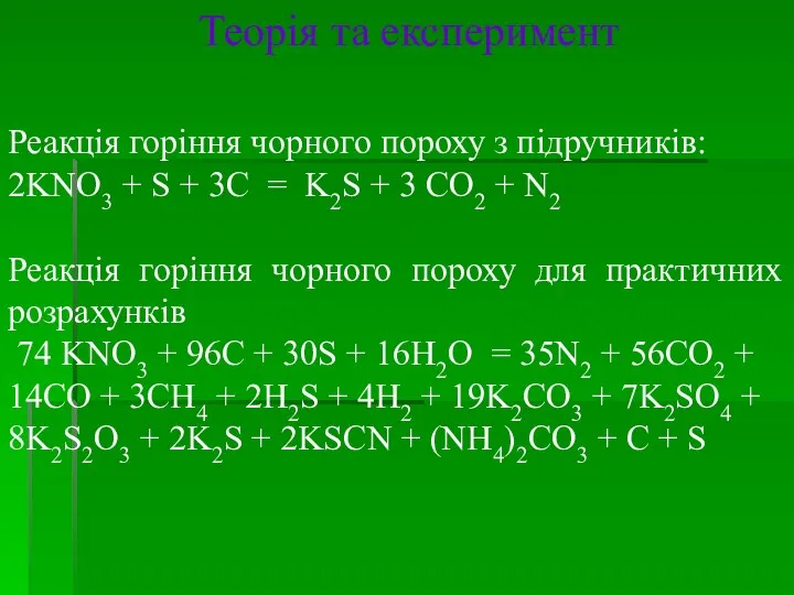 Теорія та експеримент Реакція горіння чорного пороху з підручників: 2KNO3