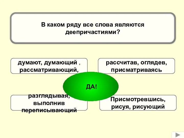 В каком ряду все слова являются деепричастиями? думают, думающий ,