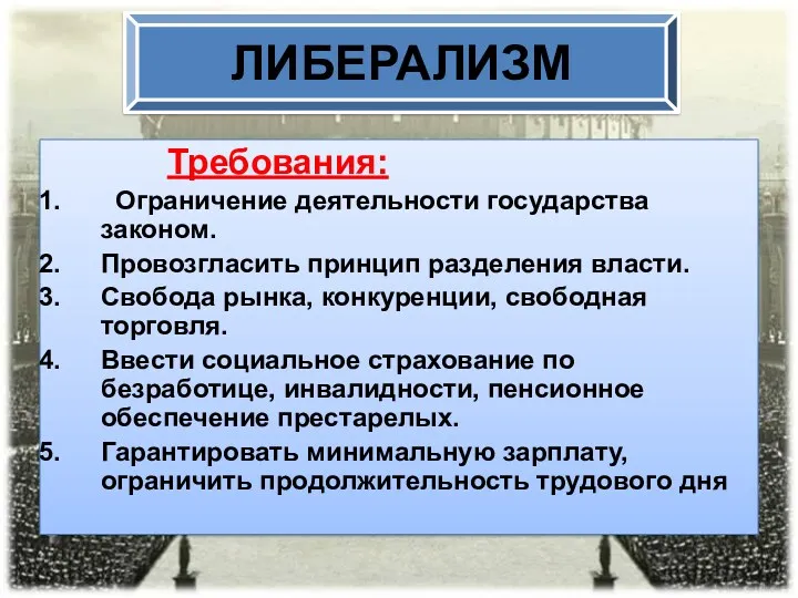 ЛИБЕРАЛИЗМ Требования: Ограничение деятельности государства законом. Провозгласить принцип разделения власти.