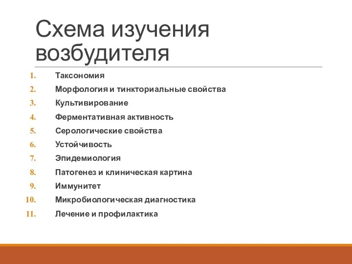 Схема изучения возбудителя Таксономия Морфология и тинкториальные свойства Культивирование Ферментативная активность Серологические свойства