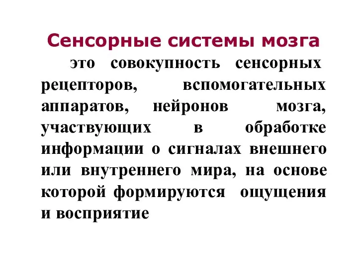 Сенсорные системы мозга это совокупность сенсорных рецепторов, вспомогательных аппаратов, нейронов