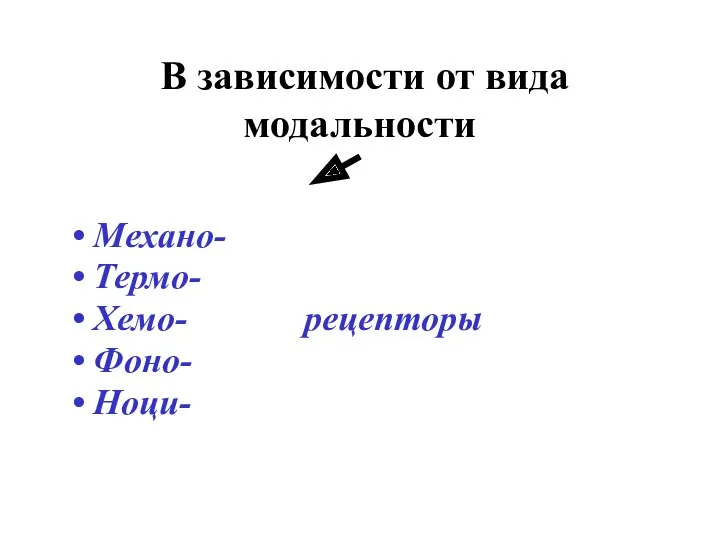 В зависимости от вида модальности Механо- Термо- Хемо- рецепторы Фоно- Ноци-