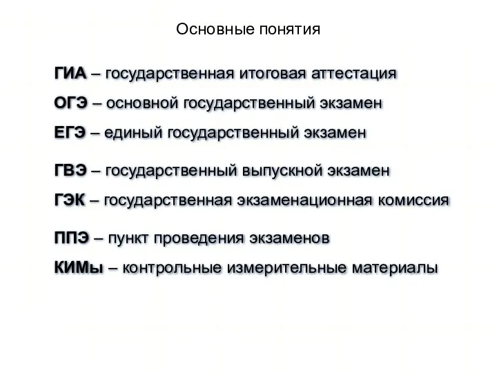 Основные понятия ГИА – государственная итоговая аттестация ОГЭ – основной