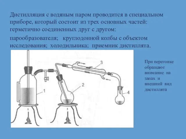 Дистилляция с водяным паром проводится в специальном приборе, который состоит