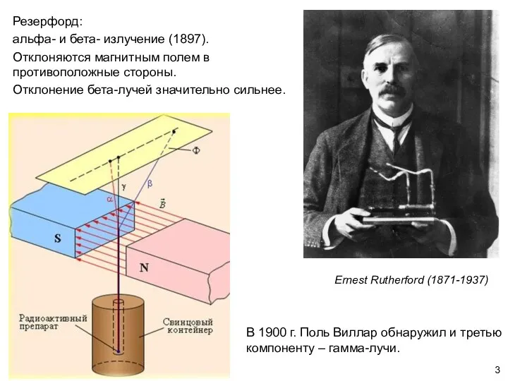 Резерфорд: альфа- и бета- излучение (1897). Отклоняются магнитным полем в