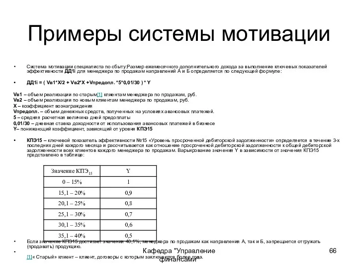 Кафедра "Управление финансами" Примеры системы мотивации Система мотивации специалиста по