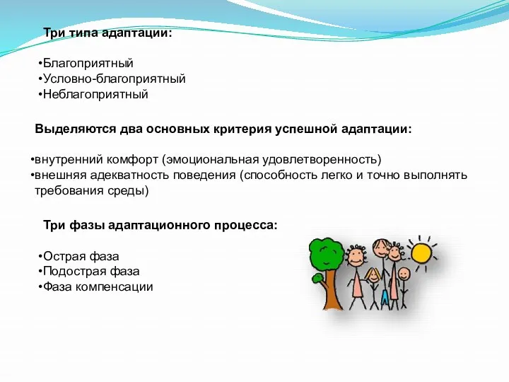 Три типа адаптации: Благоприятный Условно-благоприятный Неблагоприятный Выделяются два основных критерия