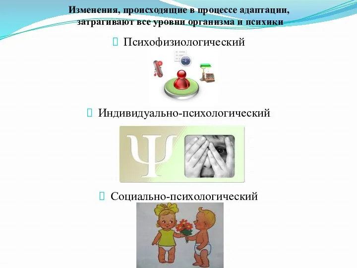 Изменения, происходящие в процессе адаптации, затрагивают все уровни организма и психики Психофизиологический Индивидуально-психологический Социально-психологический