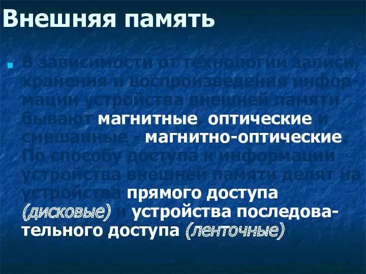 Внешняя память В зависимости от технологии записи, хранения и воспроизведения