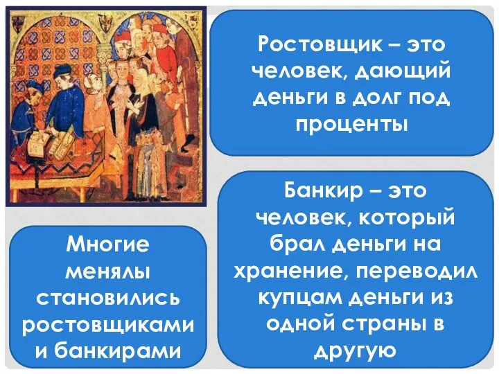 Многие менялы становились ростовщиками и банкирами Ростовщик – это человек,