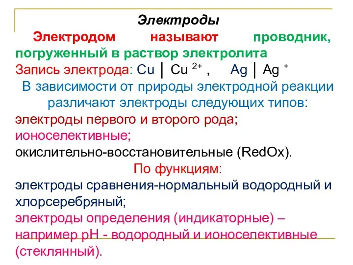 Электроды Электродом называют проводник, погруженный в раствор электролита Запись электрода: