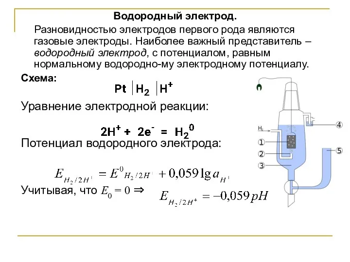 Водородный электрод. Разновидностью электродов первого рода являются газовые электроды. Наиболее