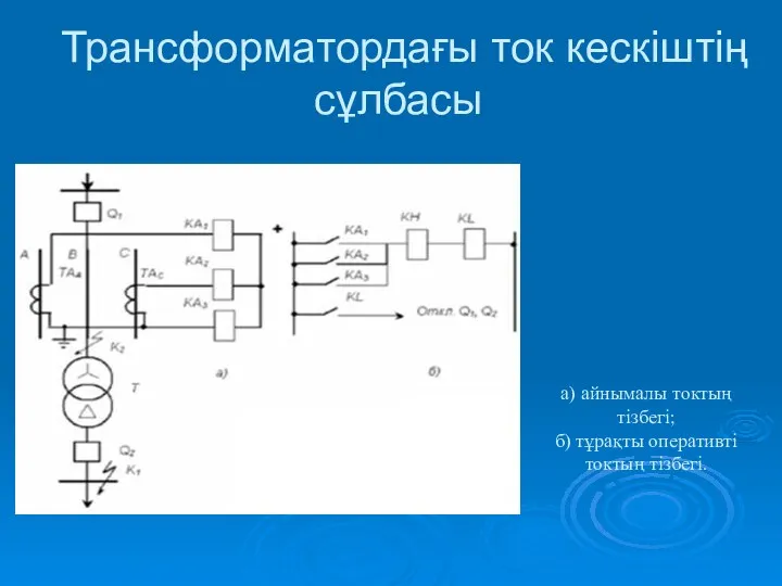 Трансформатордағы ток кескіштің сұлбасы а) айнымалы токтың тізбегі; б) тұрақты оперативті токтың тізбегі.