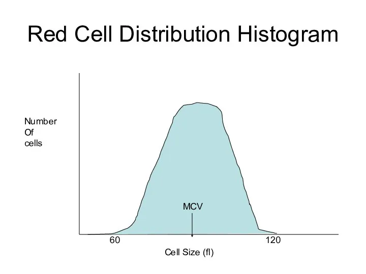 Cell Size (fl) Number Of cells 60 120 MCV Red Cell Distribution Histogram
