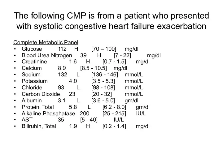 The following CMP is from a patient who presented with systolic congestive heart