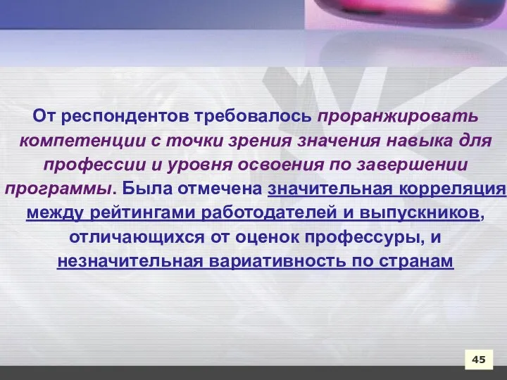 45 От респондентов требовалось проранжировать компетенции с точки зрения значения