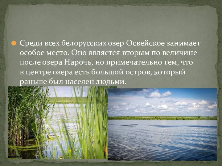 Среди всех белорусских озер Освейское занимает особое место. Оно является