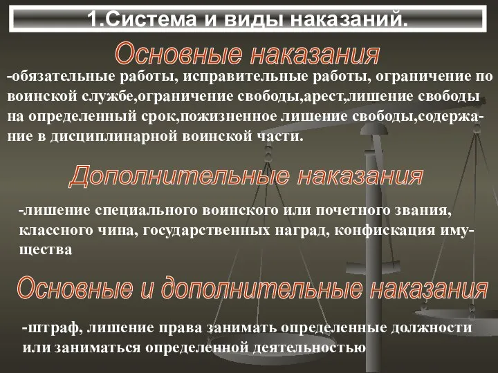 1.Система и виды наказаний. Дополнительные наказания -лишение специального воинского или