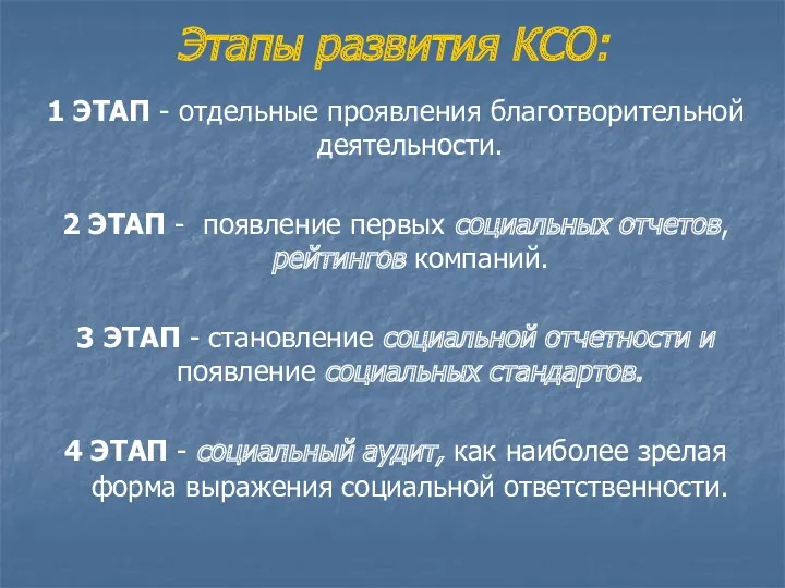 Этапы развития КСО: 1 ЭТАП - отдельные проявления благотворительной деятельности.