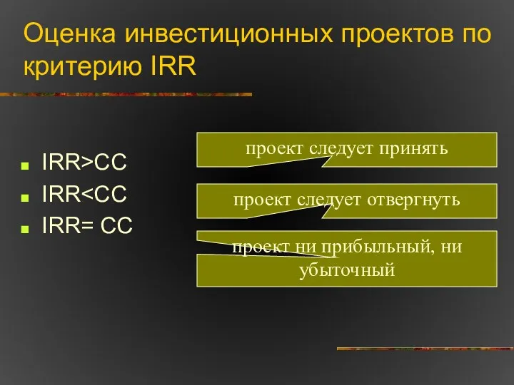 Оценка инвестиционных проектов по критерию IRR IRR>CC IRR IRR= CC