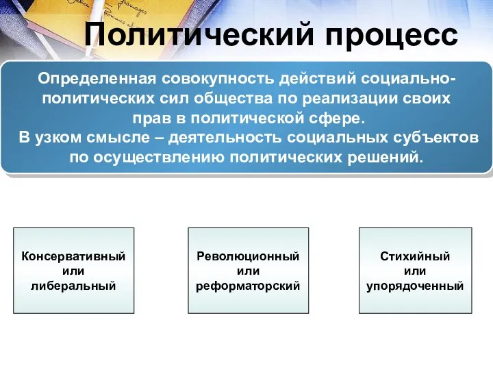 Политический процесс Определенная совокупность действий социально- политических сил общества по