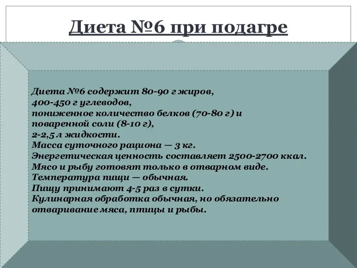 Диета №6 при подагре Диета №6 содержит 80-90 г жиров,