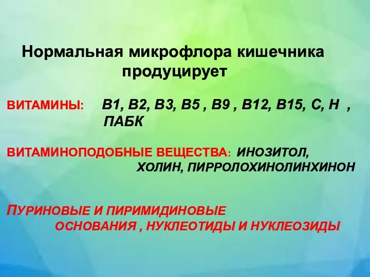 Нормальная микрофлора кишечника продуцирует ВИТАМИНЫ: В1, В2, В3, В5 ,