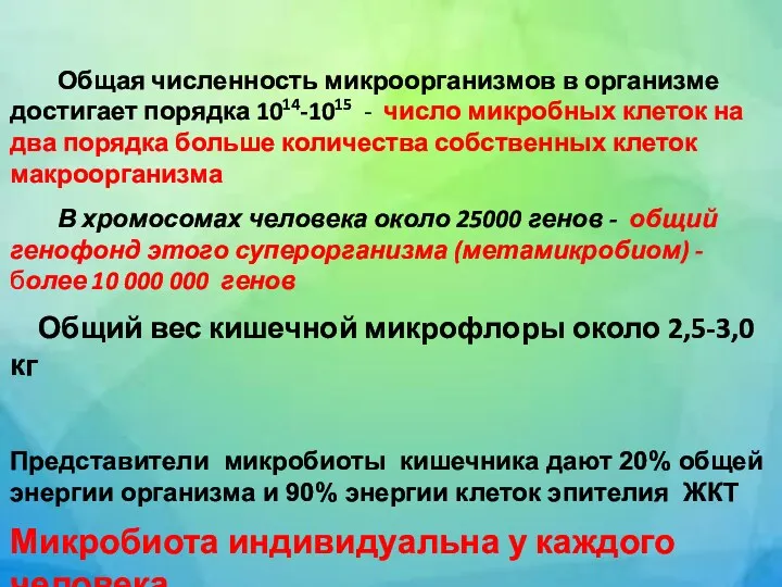 Общая численность микроорганизмов в организме достигает порядка 1014-1015 - число