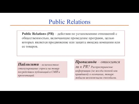 Public Relations Public Relations (PR) – действия по установлению отношений с общественностью, включающие
