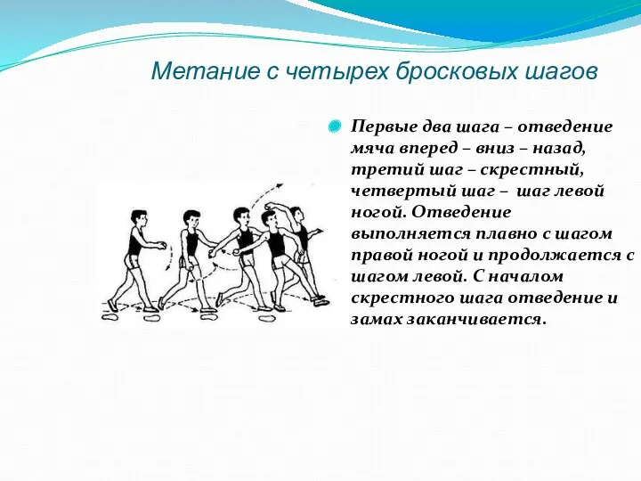 Метание с четырех бросковых шагов Первые два шага – отведение