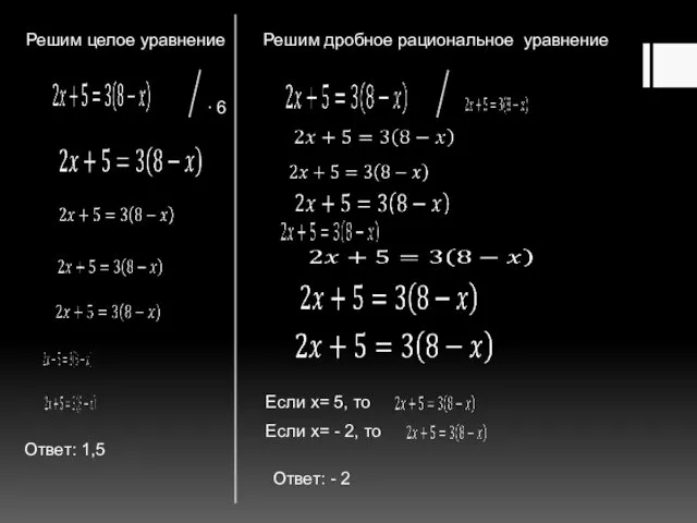 Решим целое уравнение ∙ 6 Решим дробное рациональное уравнение Если