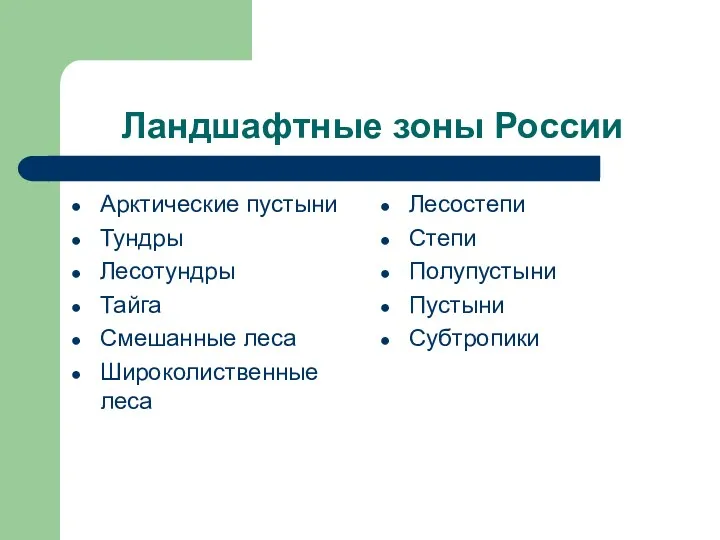 Ландшафтные зоны России Арктические пустыни Тундры Лесотундры Тайга Смешанные леса