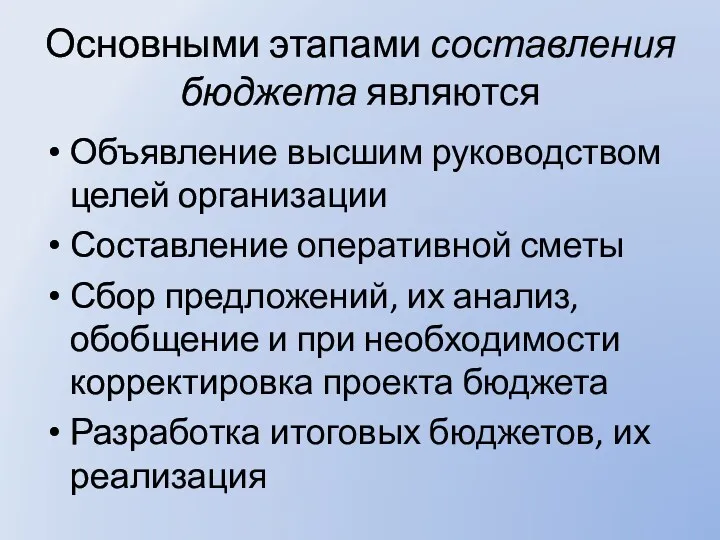 Основными этапами составления бюджета являются Объявление высшим руководством целей организации