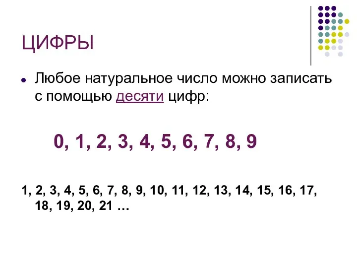 ЦИФРЫ Любое натуральное число можно записать с помощью десяти цифр: