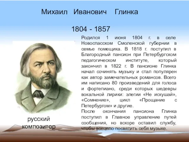 Михаил Иванович Глинка 1804 - 1857 русский композитор Родился 1