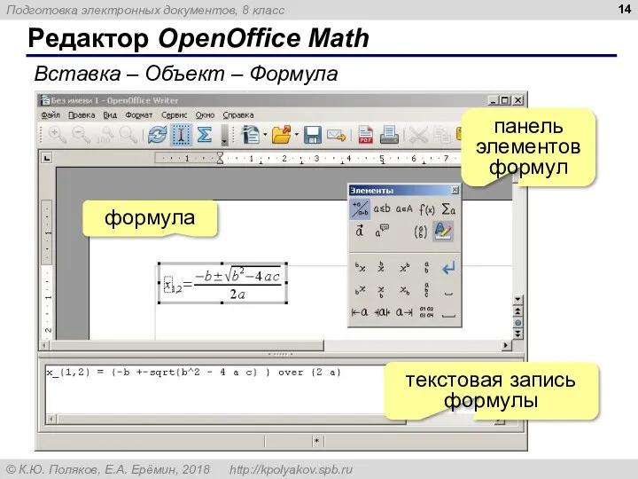 Редактор OpenOffice Math Вставка – Объект – Формула формула панель элементов формул текстовая запись формулы