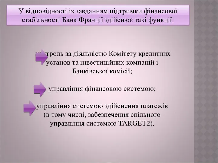 У відповідності із завданням підтримки фінансової стабільності Банк Франції здійснює