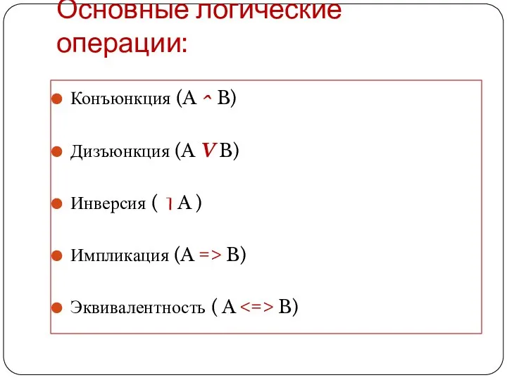 Основные логические операции: Конъюнкция (A ^ B) Дизъюнкция (A V