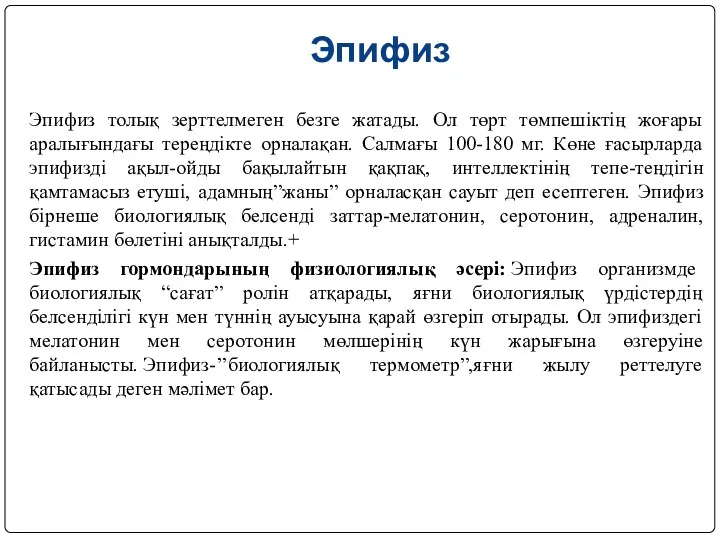 Эпифиз Эпифиз толық зерттелмеген безге жатады. Ол төрт төмпешіктің жоғары аралығындағы тереңдікте орналақан.