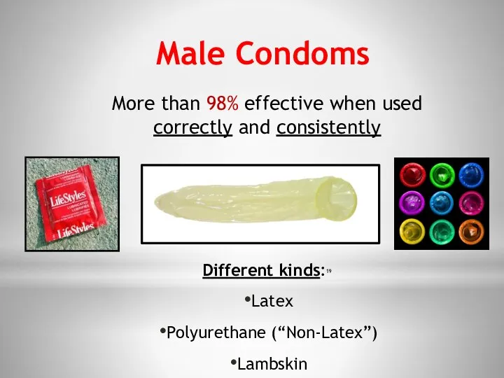 Male Condoms More than 98% effective when used correctly and