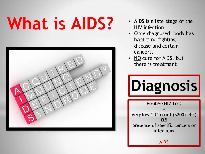 What is AIDS? AIDS is a late stage of the