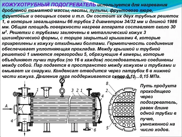 КОЖУХОТРУБНЫЙ ПОДОГРЕВАТЕЛЬ используется для нагревания дробленой томатной массы, пасты, пульпы,