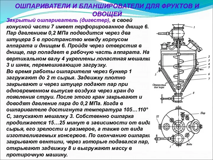 ОШПАРИВАТЕЛИ И БЛАНШИРОВАТЕЛИ ДЛЯ ФРУКТОВ И ОВОЩЕЙ Закрытый ошпариватель (дигестер),